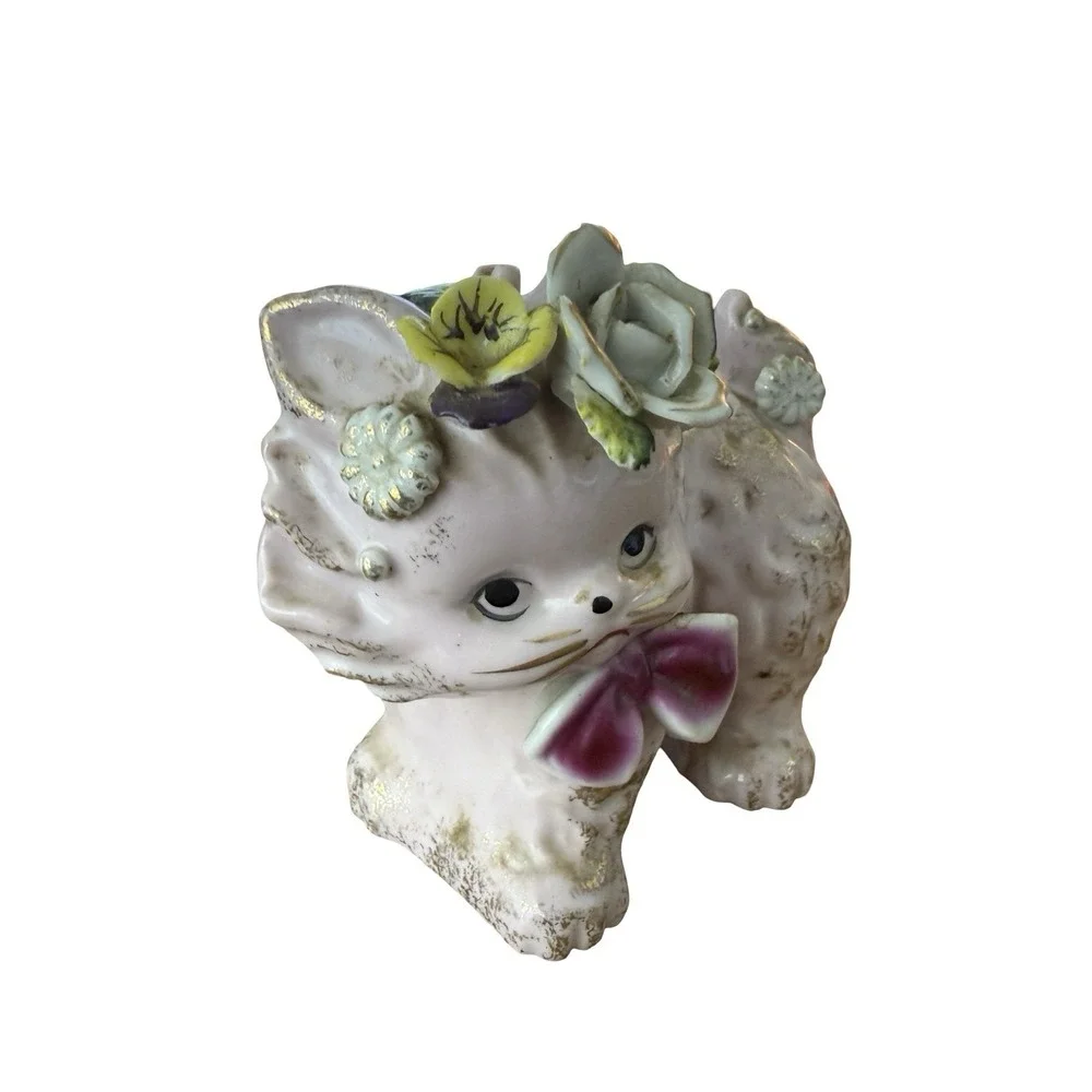 Vintage , Kitschy Grumpy  MCM Lefton Floral CAT Kitty PLANTER Figure Vase